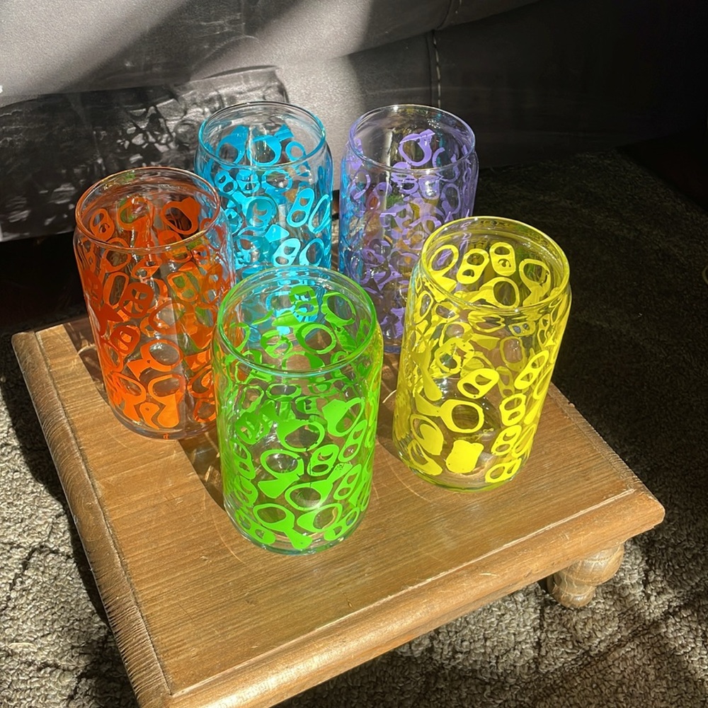 Pre-Owned Barry Rosenthal Pop Top Soda Can Pop Art Glasses Signed Set/5 Rare Htf